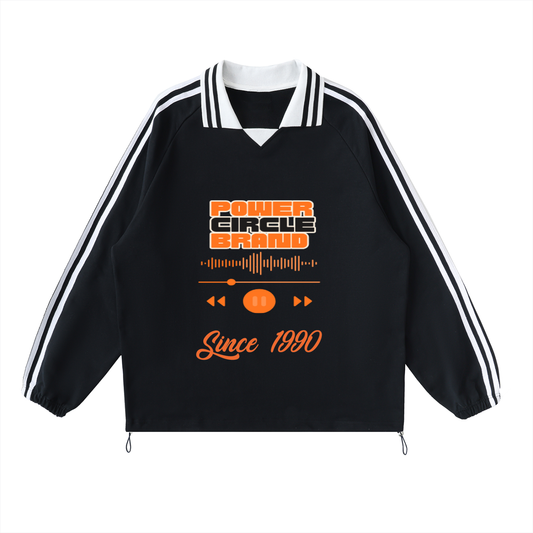 Power Circle Brand Contrast Striped Lapel Collar Sweatshirt