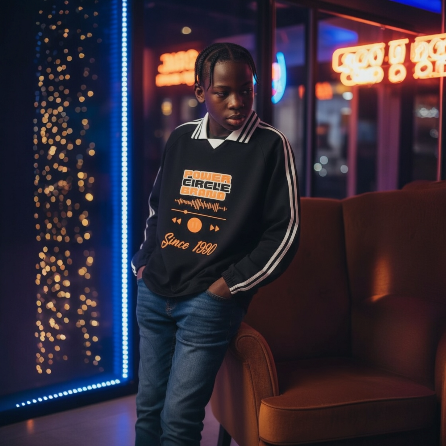 Power Circle Brand Contrast Striped Lapel Collar Sweatshirt