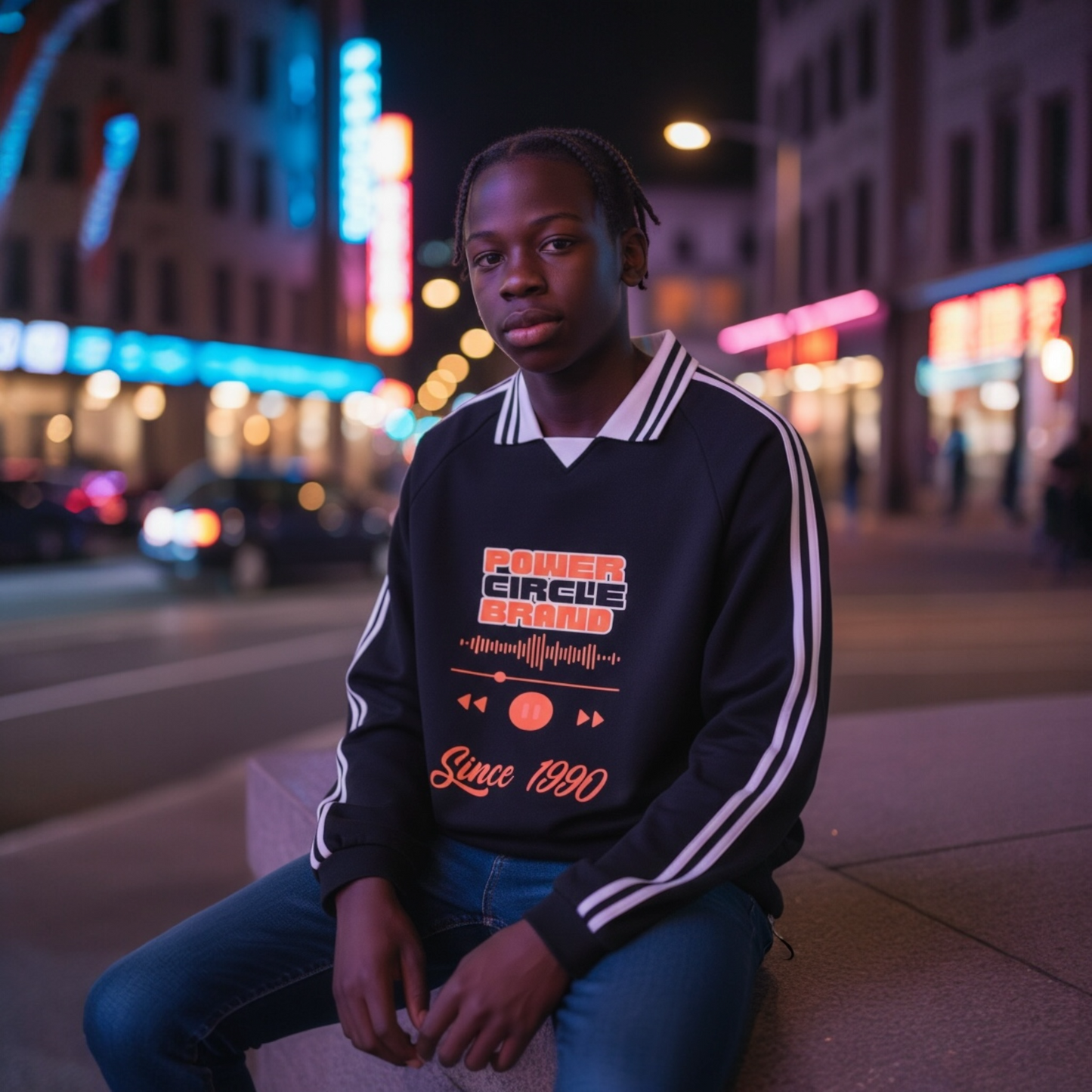 Power Circle Brand Contrast Striped Lapel Collar Sweatshirt